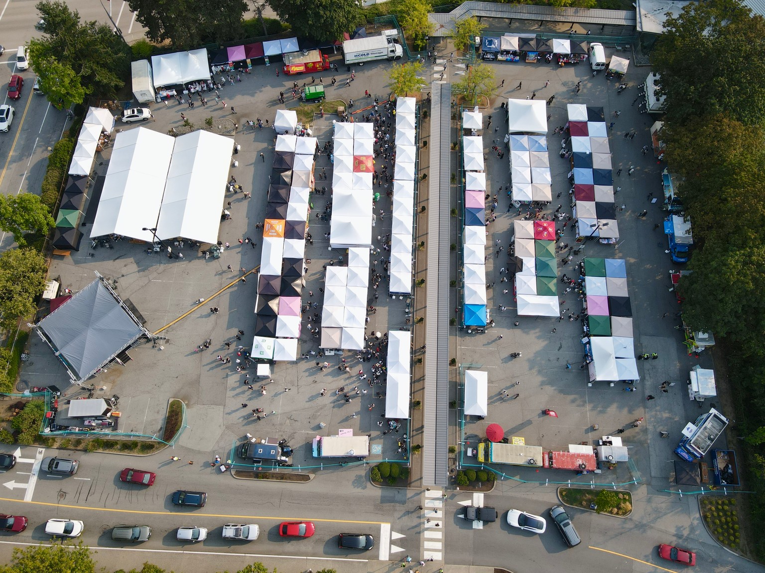 An aerial view of festival tents and visitors at North Road