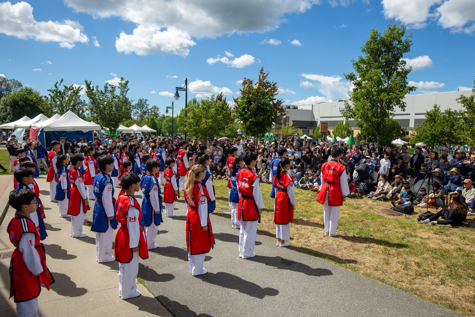A Korean martial arts demonstration surrounded by a large festival crowd